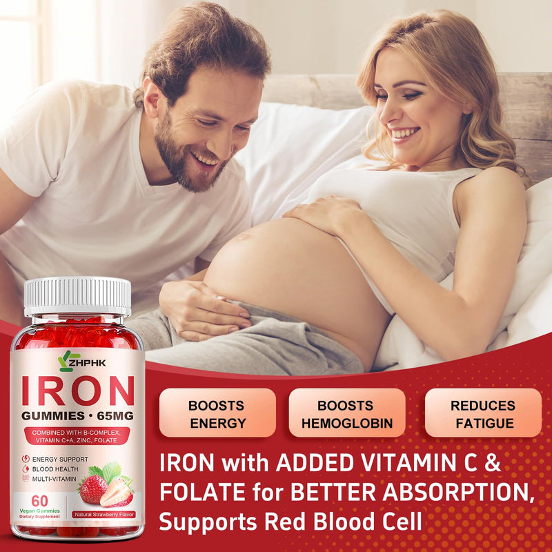 [Australia] - Iron Supplement Gummies, 65mg Iron and 250mg Vitamin C for Women Men Kids, Natural Vegan Iron Gummy with Vitamin A, B-Complex, Biotin, Zinc & Folate Energy Support & Immune Health, 60 Gummies Strawberry 60 Count (Pack of 1) 