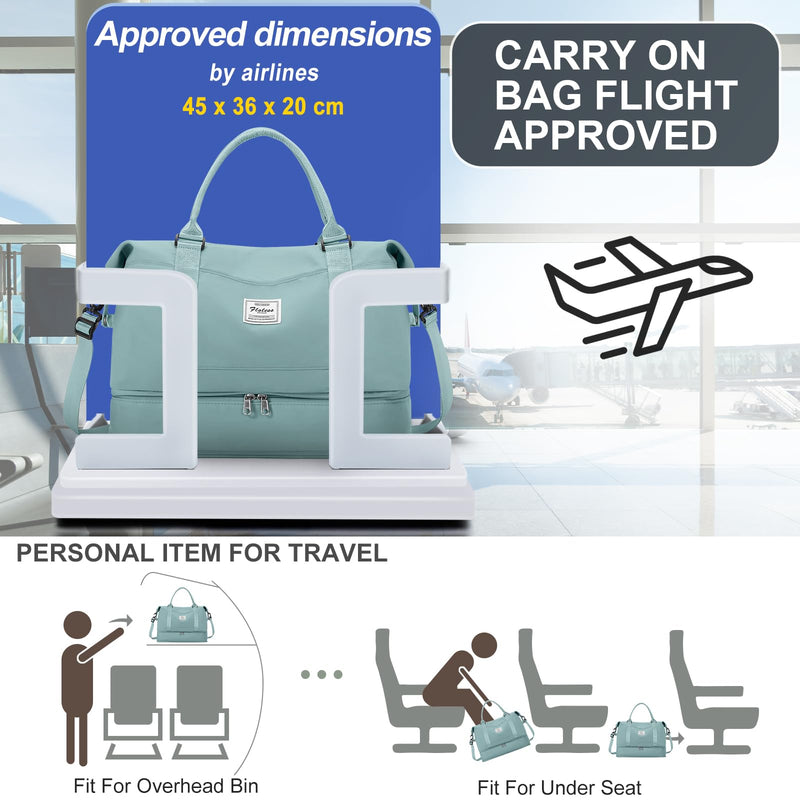Travel Duffel Weekender Bag Women Tote Carry On Bags With Shoe Compartment | 18x14x8 inches Travel Overnight Bags with Trolley Sleeve for Airplanes Sport Tote Gym for Men Lightweight Daypack LightBlue.