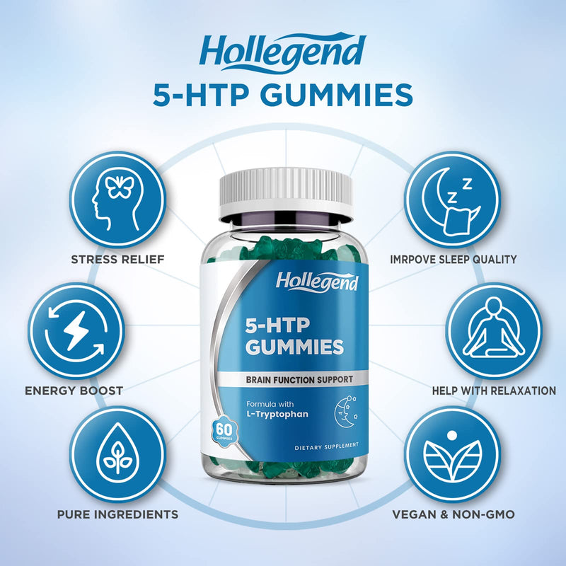 [Australia] - 5-HTP Gummies 200mg, 5HTP & L-Tryptophan Supplements for Stress Relief, Brain Support, Blueberry Flavor, 60 Chewables 60 Count (Pack of 1) 
