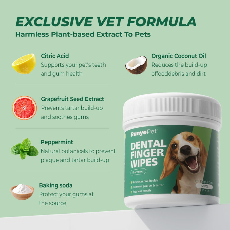 [Australia] - Pet Dental Finger Wipes for Dog & Cats, Remove Bad Breath by Removing Plaque and Tartar Buildup No-Rinse Dog Finger Toothbrush, Disposable Gentle Cleaning & Gum Care Pet Wipes, 50 Counts 50 Ct Finger Wipes 50ct 