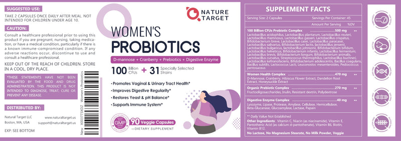 [Australia] - NATURE TARGET Probiotics for Women, 100 Billion CFUs Probiotic with Digestive Enzymes & Prebiotics, Vaginal Probiotics with Cranberry for Urinary Tract Health, pH Balance, 90 Veggie Capsules 
