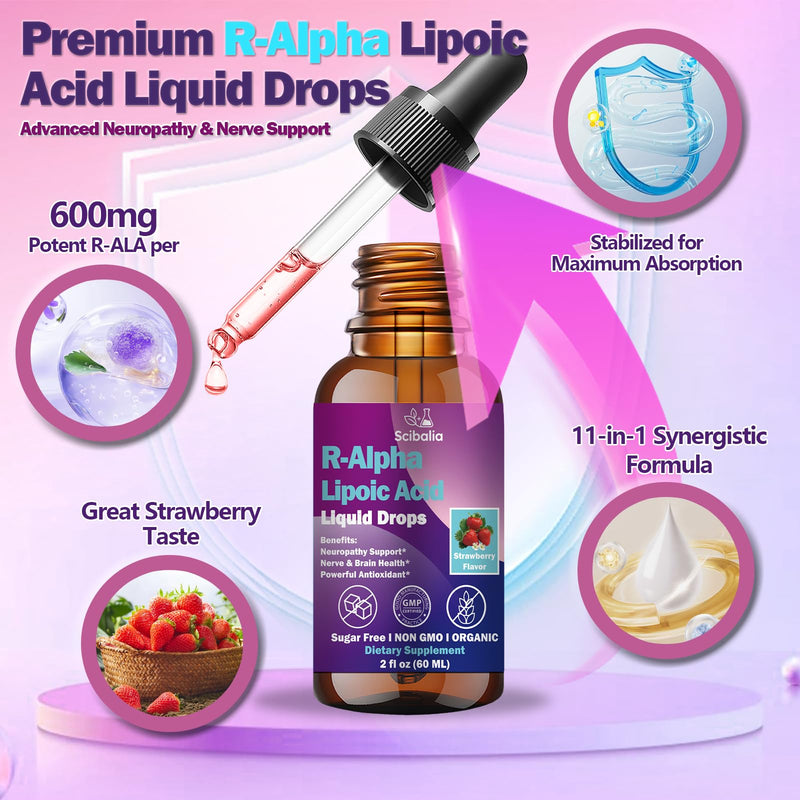 R Alpha Lipoic Acid 600mg Liquid Drops for Neuropathy, Advanced 11-in-1 Stabilized R-ALA Supplement w. Benfotiamine Acetyl L-Carnitine Vitamin C E for Antioxidant Nerve Brain Energy Health Non GMO Strawberry 2 Fl Oz (Pack of 1)