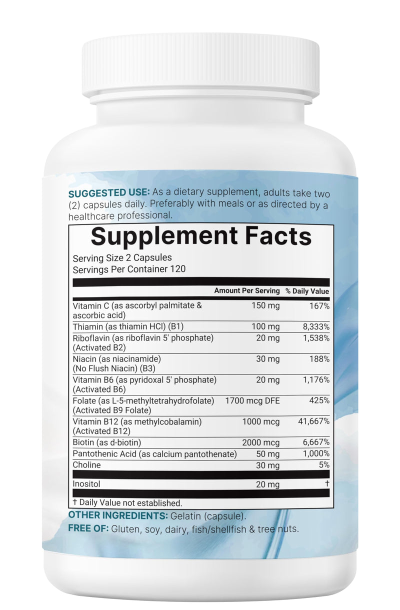 Micro Ingredients Pure Methylated B Complex Vitamins, 240 Capsules | 11-in-1 with Methylfolate, Methylcobalamin B12 & P5P + Fat-Soluble Vitamin C, Choline & Inositol. Filler Free, Non-GMO. 240 Count (Pack of 1)