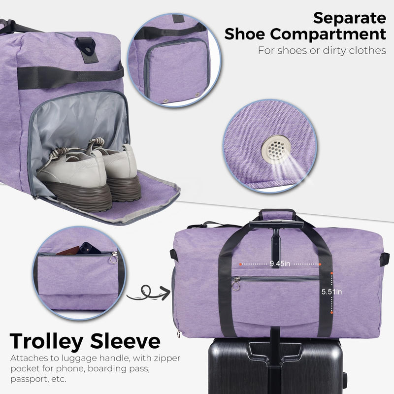 65L Duffle Bag Foldable Travel Duffel Bags for Men Women Travel Bag | Shoes Compartment, 65L Large Capacity, Foldable, Packable, Water Repellent, Tear Resistant, for Traveling Gym Overnight Camp Textured Purple