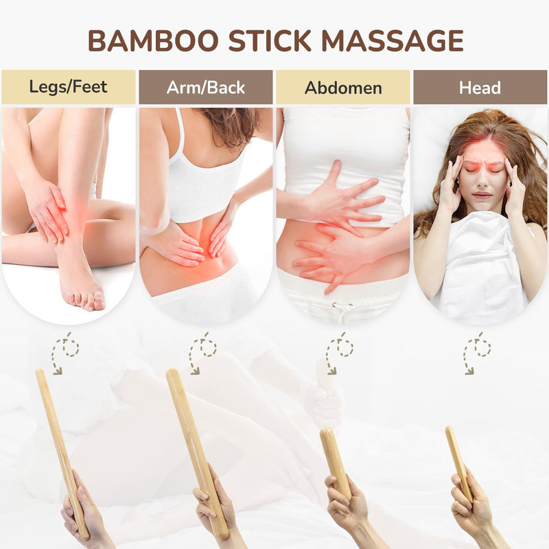 [Australia] - 4PCS Solid Bamboo Massage Sticks & Guasha Set with Roller/Stick - 100% Bamboo Therapy Tools for Neck/Arm/Back/Legs/Full Body, Deep Tissue Massage, Muscle Relaxation, Body Shaping, Fatigue Relief 