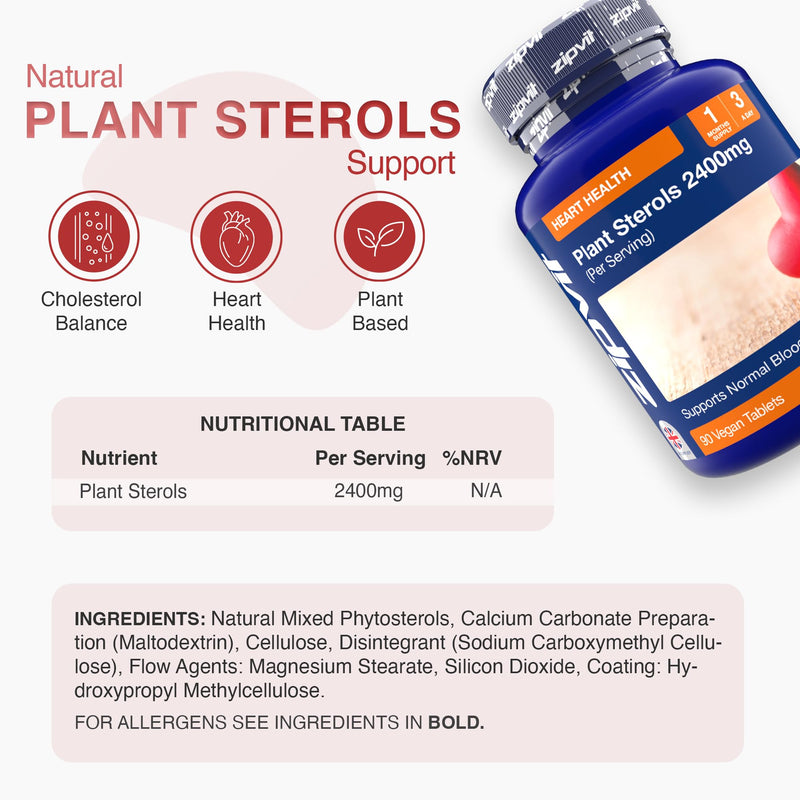 Zipvit Plant Sterols High Strength 2400mg, 90 Vegan Tablets, Supports Maintenance of Normal Blood Cholesterol, Vegan and Vegetarian Friendly 90 Tablets
