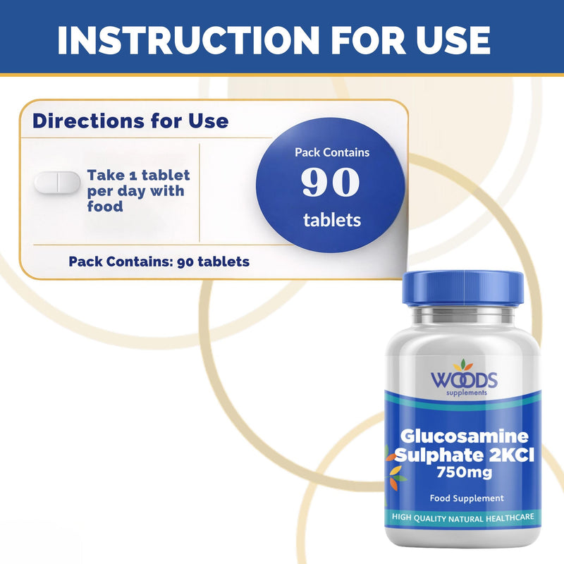 Woods Supplements - Vegan Glucosamine Sulphate 2KCl 750mg x90 Tablets. for Joint, Knee Support & Bone Health. Sodium Free Glucosamine Sulphate Tablets. Premium Joint Supplements for Women & Men 90