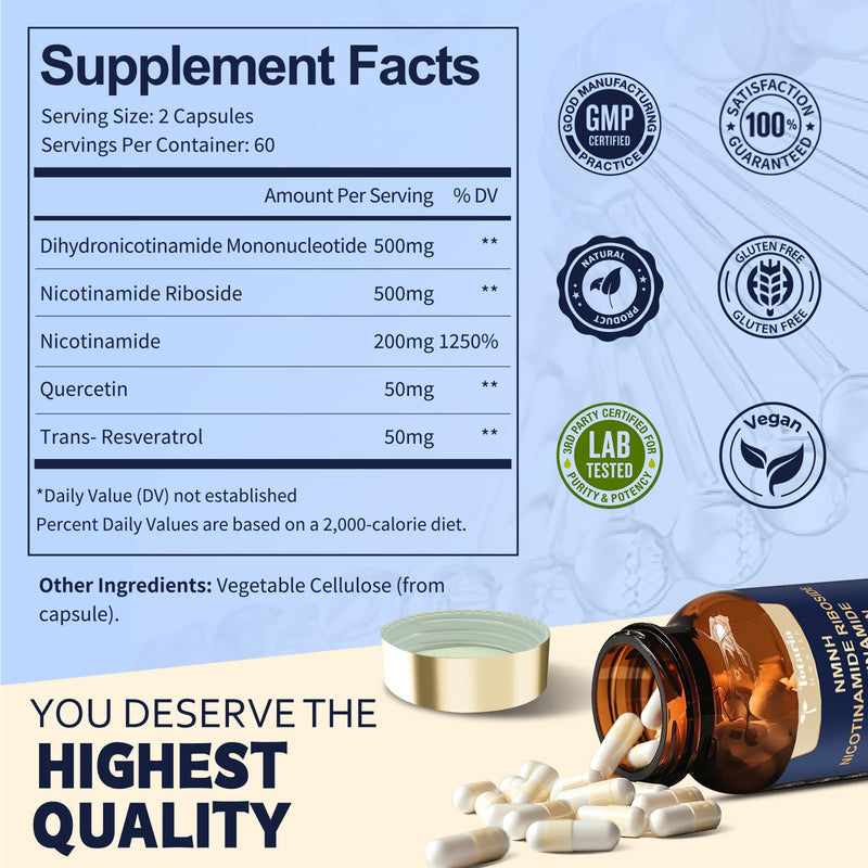 Totaria NMNH 500mg (Dihydronicotinamide Mononucleotide), Premium NMN Alternative Supplement w/Niacinamide (Vitamin B3), Quercetin, Trans-Resveratrol, for NAD+, Skin Cell, Anti-Aging & Energy, 120 Ct 120 Count (Pack of 1)