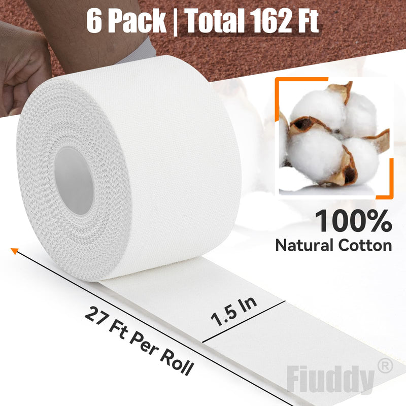 [Australia] - Professional 6 Pack White Athletic Sports Tape - 1.5 Inch √ó 27 Feet Per Roll | Total 162 Feet, Very Strong Easy Tear No Sticky Residue Wrist Ankle Tape for Football Climbing Soccer Gymnastics Injuries 
