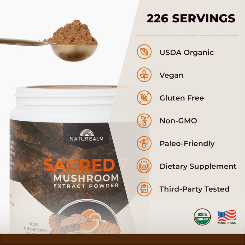[Australia] - Sacred 7 Mushroom Coffee Booster | Organic Mushroom Supplement Powder ‚Äì Lions Mane, Reishi, Chaga & More | Adaptogen + Nootropic | 100% Fruiting Bodies | Mix with Coffee,Tea, Smoothies - 226 Servings Sacred 7 8 Ounce (Pack of 1) 