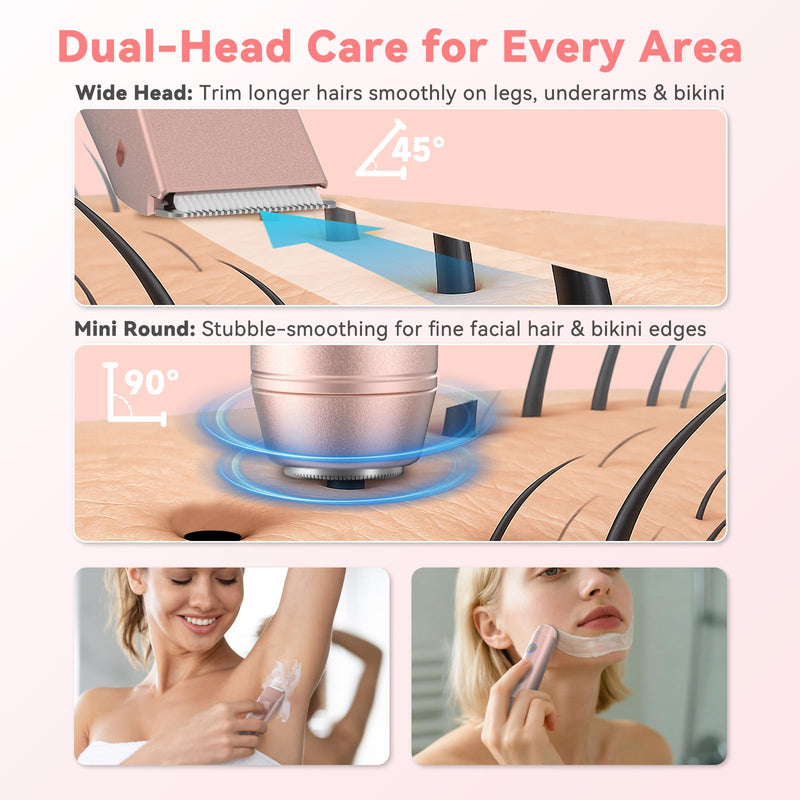[Australia] - 2-in-1 Bikini Trimmer for Women, Shaver & Razor Dual Heads with Independent Switches, IP67 Waterproof, USB-C Rechargeable, Wet/Dry Hair Removal for Bikini Underarms Legs Face (Rose Gold) Luxe Rose Gold 