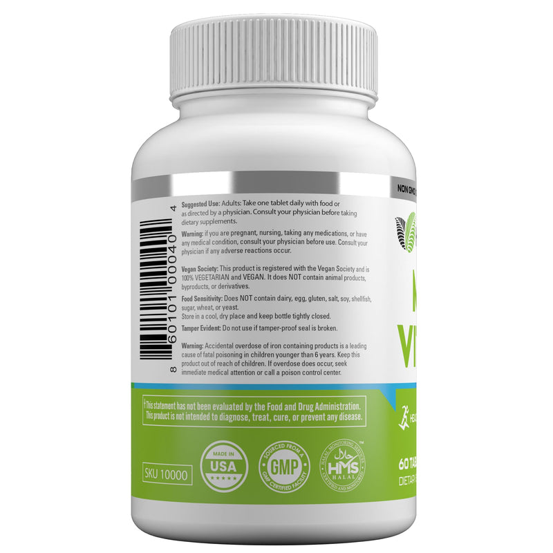 HAYAT Vitamins Vegan Natural Multivitamin, Daily Vitamins with Vitamin A, C, D, E, B1, B2, B3, B6, B12, Biotin, Zinc and More, 2 Month Supply, All Natural, Certified Halal, 60 Tablets, Made in The USA