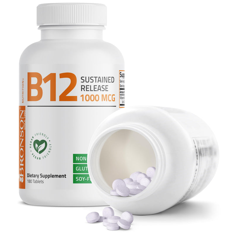 Bronson Vitamin B12 1000 mcg Sustained Release, Energy Support, 180 Tablets | Healthy Brain Function & Nervous System Support, Vegan, Non-GMO, Gluten-Free & Soy-Free 180 Count (Pack of 1)