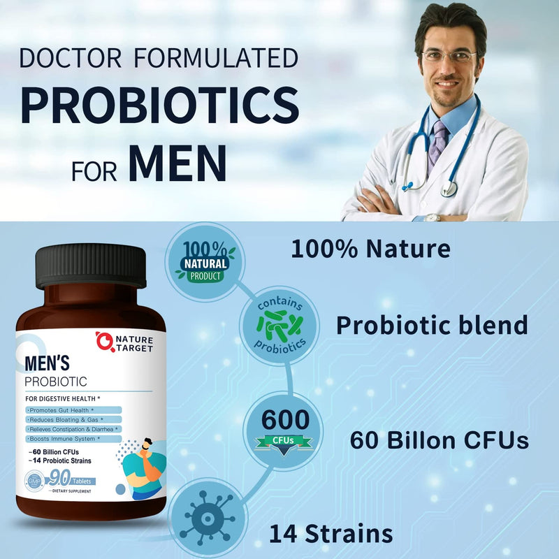 [Australia] - NATURE TARGET Probiotics for Men with Men Care Supplement, Prebiotics & Probiotic for Men's Digestive and Immune Health,60 Billion CFUs & 14 Strains Shelf Stable, Gluten & Soy Free (90 Tablets) 