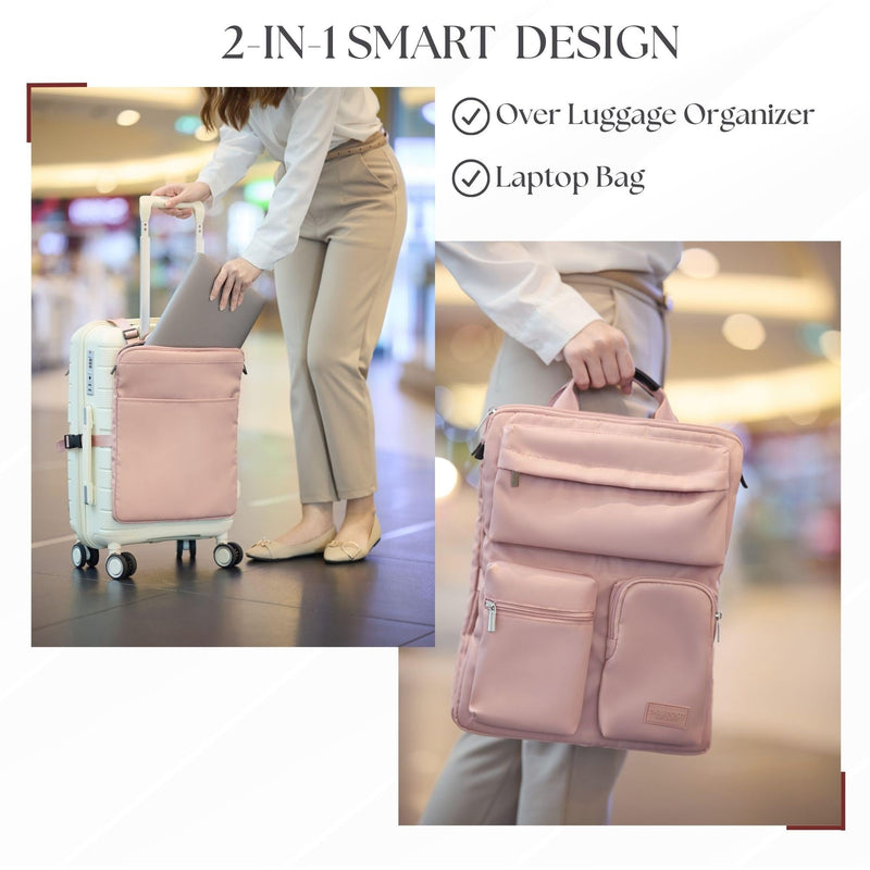 BAREFOOT CARIBOU Over Luggage Organizer, 16 Inch Laptop Sleeve (Pink) | Slides over carry on suitcase handle, storage pockets, adjustable straps, lightweight nylon, travel accessories bag Pink
