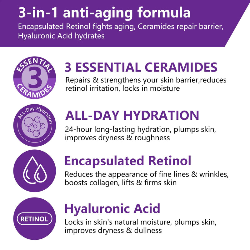 Hyaluronic acid essence contains vitamin B5 and ceramide to moisturize and repair skin barrier, improve the appearance of dry and fine lines (Skin Renewing Retinol Serum)