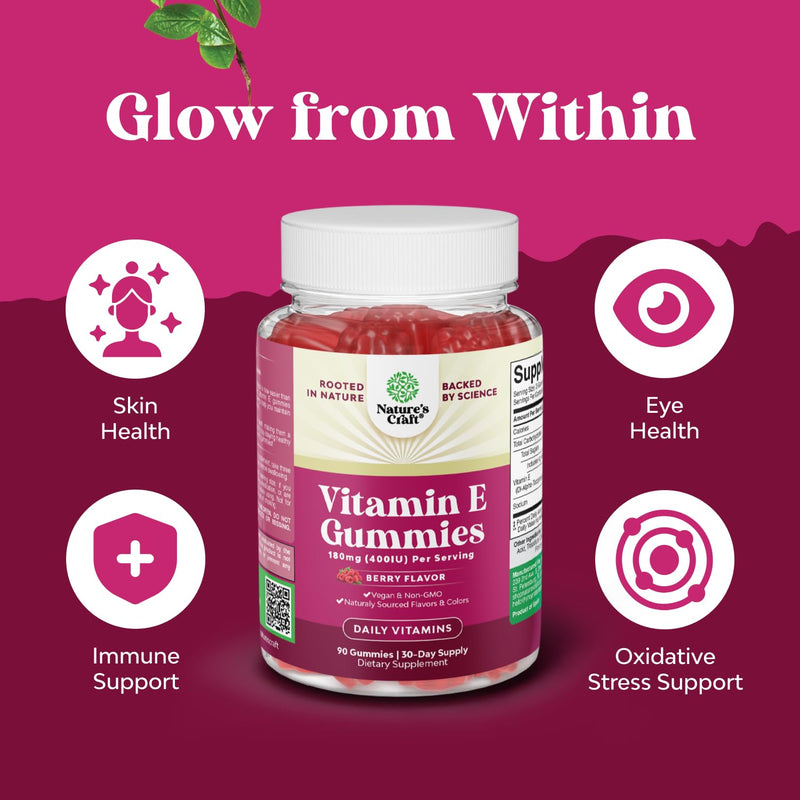 [Australia] - Natures Craft Vitamin E Gummies for Skin Care - High-Potency Vitamin E 400 IU Skin Supplement - Delicious & Easy-to-Take Supplement Promote Health Immune Support & Cellular Protection (1 Month) 90 Count (Pack of 1) 