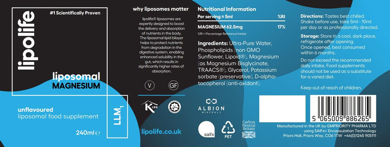 Liposomal Magnesium Liquid 240ml – High Absorption Magnesium Supplement for Muscle Function, Energy & Sleep Support – Vegan, Non-GMO, Advanced Liposomal Delivery, Lipolife 240 ml (Pack of 1)