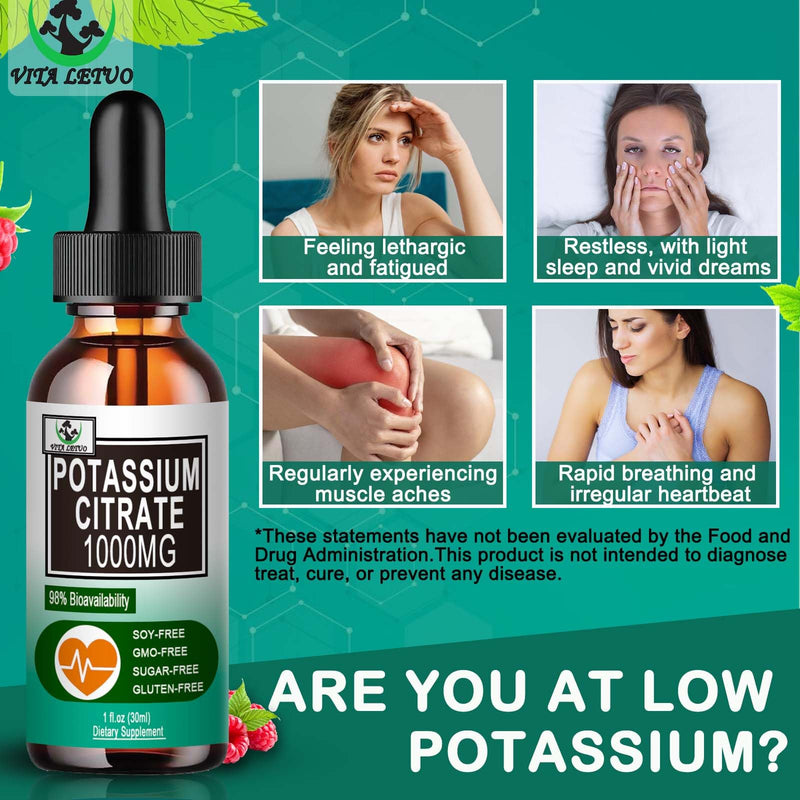 [Australia] - Potassium Citrate Liquid Drops,Potassium Supplement 1000mg Liquid Support Muscle Cramp Relief, Heart Health and Sleep,Highly Absorbable for Adults Women & Men, Vegan, 30 Servings 