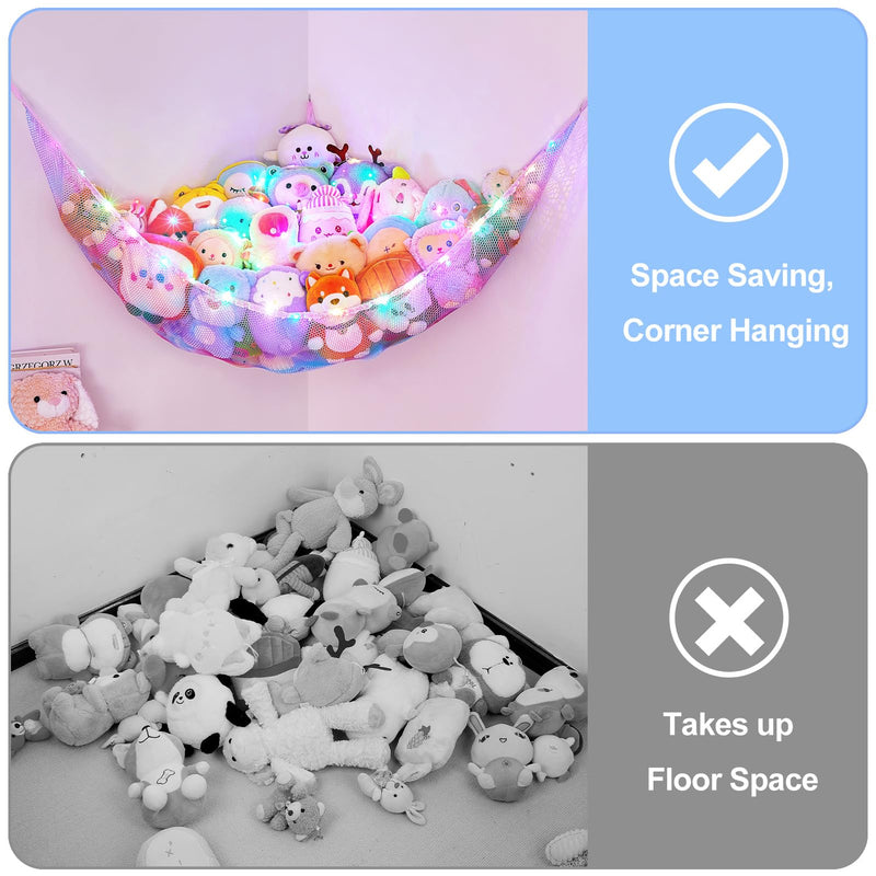 [Australia] - Basumee Stuffed Animals Net or Hammock with LED Light Hanging Toy Net Hammock for Stuffed Animals Storage Stuff Animals Hammocks for Nursery Kids Room with Remote Control, 8 Kinds of Lights(Pack of 1) Blue and Purple 51'' x 51" x 71" (Pack of 1) 