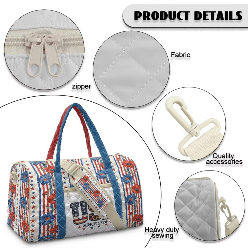 250th Anniversary USA Travel Duffle Bag for Women with Flowers on it Patriotic Overnight Bag with Crossbody Strap Portable Weekend Bag for Flying