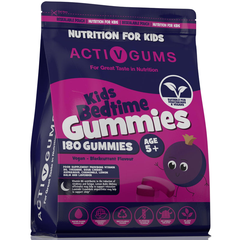 Kid's Bedtime 180 Vegan Gummies | Blackcurrant Flavour | Melatonin & 5HTP Free Contains Vitamin B6, Montmorency Cherry, Chamomile | Resealable & Recyclable Pouch | Suitable for Ages 5+ By ActivGums® 180 count (Pack of 1)