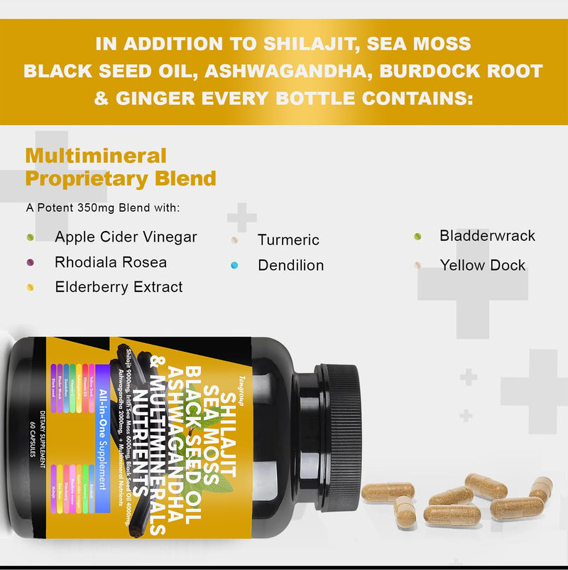 [Australia] - Shilajit 9000mg Sea Moss 6000mg Black Seed Oil 4000mg Ashwagandha 2000mg Burdock 1000mg & Vitamin C & D3 with Elderberry rhodiola rosea Dandelion Yellow Dock Turmeric ACV 