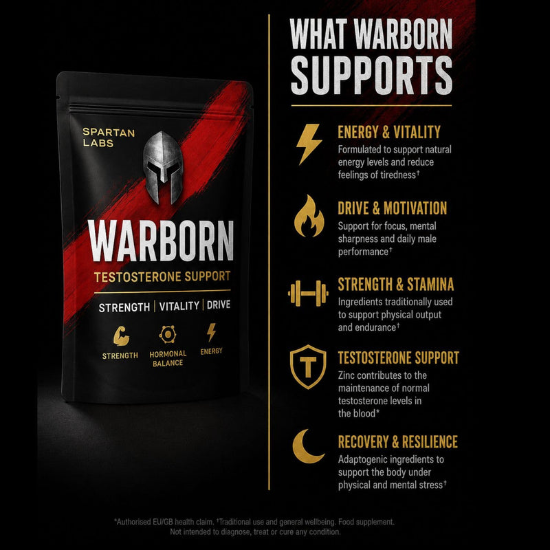 WarBorn Testosterone Supplements for Men - 60 Vegan Tablets (1 Months Supply) with Well-Known Ingredients Like Maca, Fenugreek, Zinc, Shilajit, Tribulus terrestris - Test Boosters for Men