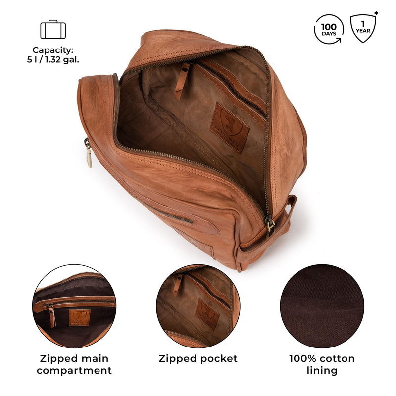 BERLINER BAGS Vintage Genuine Leather Toiletry Bag For Men Paul, Brown | Leather Travel Bag, 1-2 Zippered Compartment, Large Capacity, YKK Metal Zipper, Leather Handle 1 Compartment