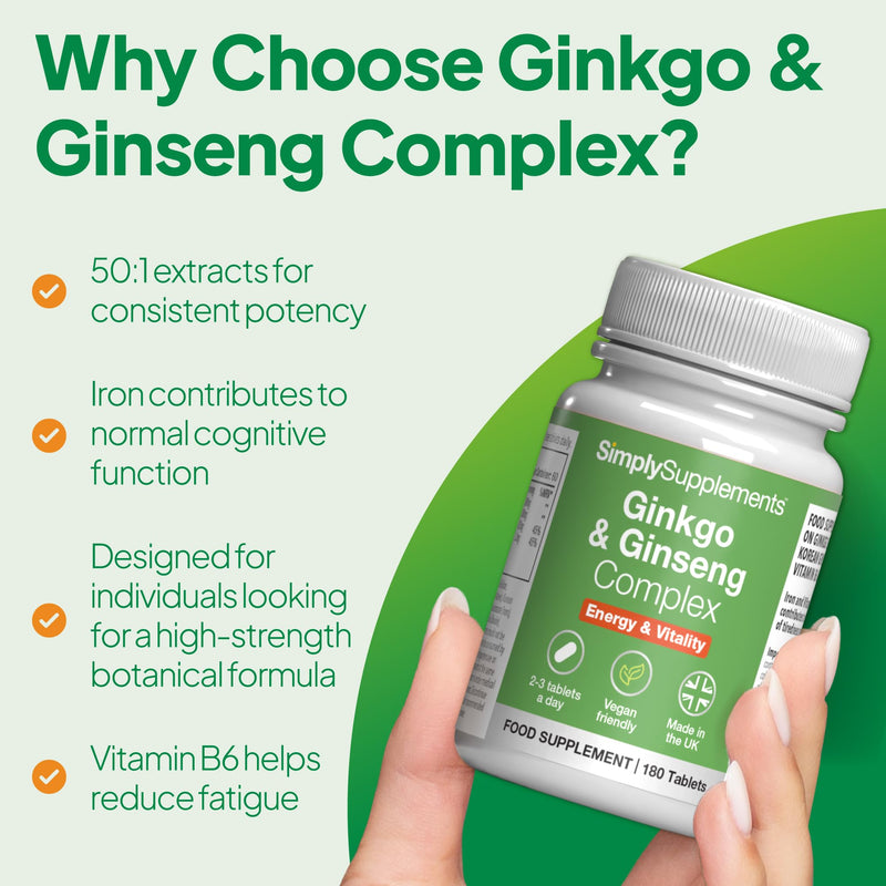 Ginkgo & Ginseng Complex | Standardised Extracts for Mental Performance & Energy | Iron & Vitamin B6 for Cognitive Function & Fatigue Reduction | 180 Tablets = 2 Months' Supply 180 count (Pack of 1)