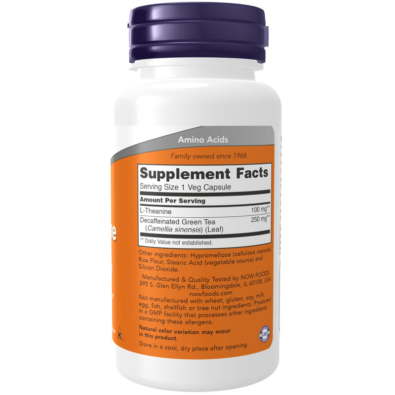 NOW Foods Supplements, L-Theanine 100 mg with Decaf Green Tea, Stress Management*, 90 Veg Capsules,(Pack of 2) 90 Count (Pack of 2)