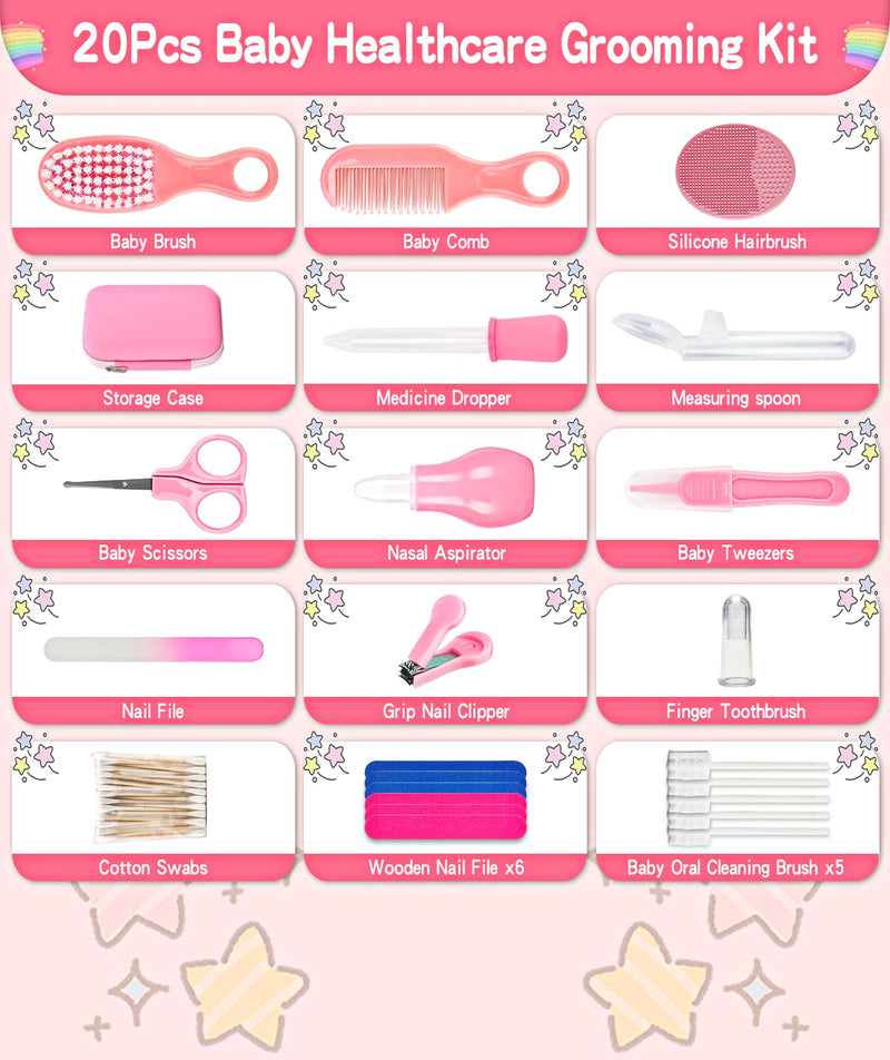 [Australia] - Baby Grooming and Healthcare Kit, Portable Baby Safety Care Set with Hair Brush Comb Nail Clipper Nasal Aspirator for Nursery Newborn Infant Girl Boy (25 in 1 Pink) 25 in 1 Pink 