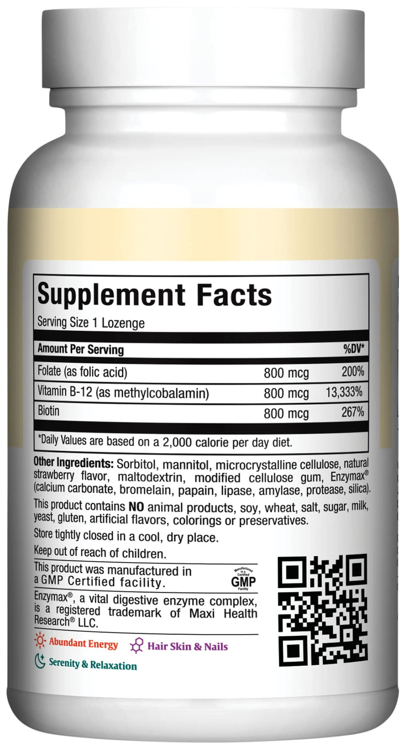 Maxi Health® Vitamin B12 Sublingual Lozenges, Strawberry (180 Count) | Kosher | Sublingual B12 with Folic Acid & Biotin | Energy & Red Blood Cell Support | Vegetarian | Doctor Formulated 180 Count (Pack of 1)