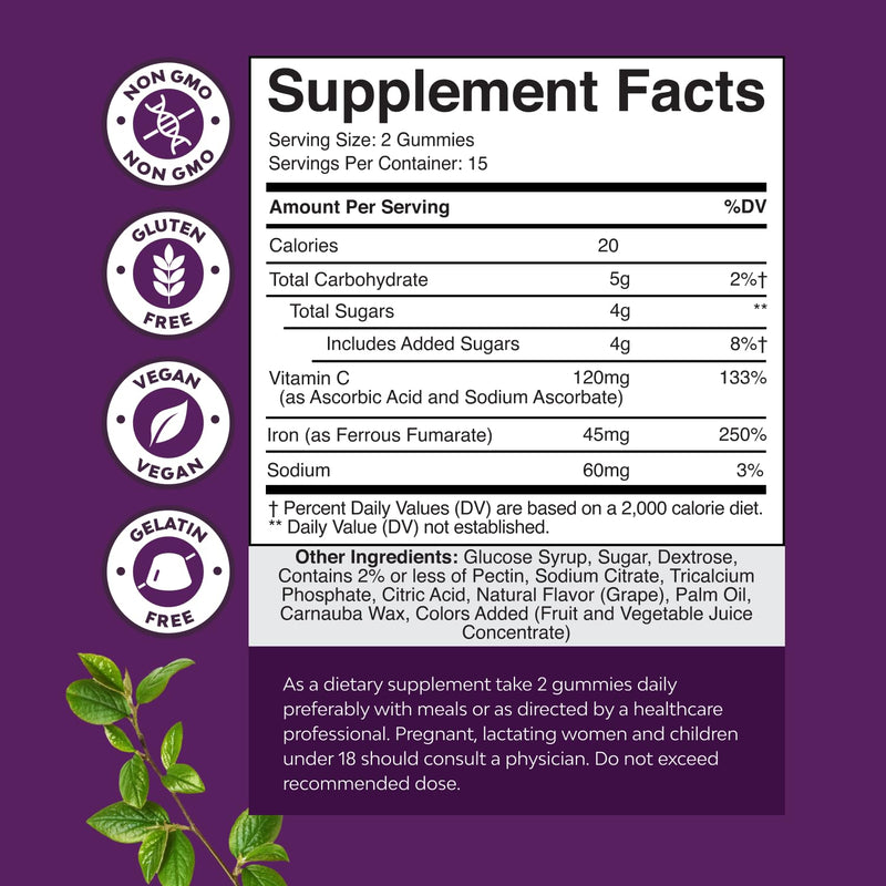 Bundle of Adults Fiber Gummies with Chicory Root Supplement for Digestive Health and Delicious Extra Strength Iron Gummies for Women and Men with Vitamin C & B Complex for Energy & Immune Support