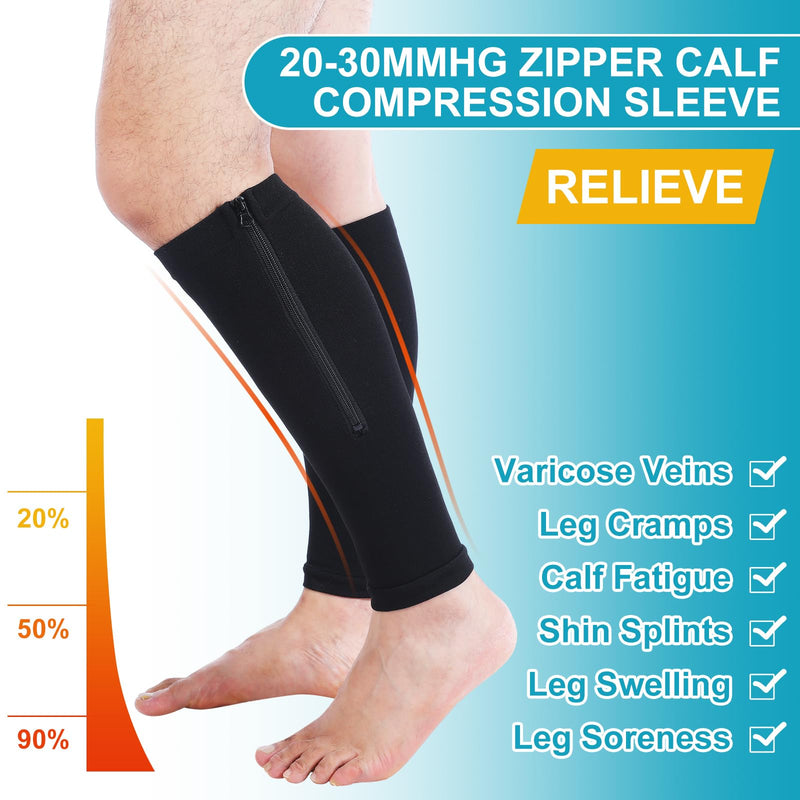 3 Pairs Calf Compression Sleeve with Zipper 20-30mmhg Leg Compression Sleeve Calf Brace Zipper Socks No Foot Sleeves for Men Women Support Running Shin Splints