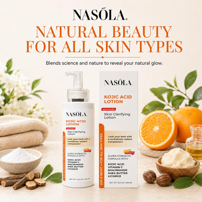 Nasola Kojic Acid Lotion Natural Skin Clarifying for Face & Body with Vitamin C, Niacinamide, Shea Butter, Licorice & Green Tea for Complexion Revitalization, Body Lotion Women & Men 13.5 Fl Oz (Pack of 1)