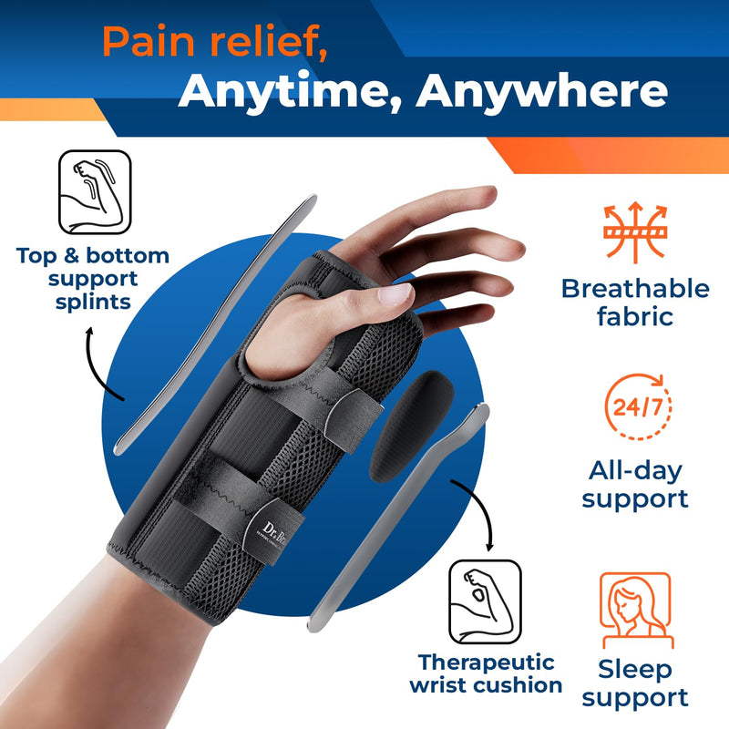 DR. BRACE Adjustable Wrist Brace Night Support for Carpal Tunnel, Doctor Developed, Upgraded with Double Splint & Therapeutic Cushion,Hand Brace for Pain Relief,Injuries,Sprains (S/M Right Hand, Black) Small/Medium (Right Hand)