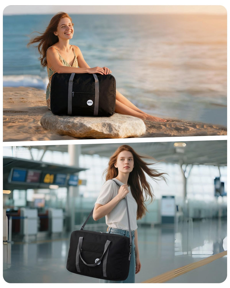 WANDF Personal Item Travel Bag, Carry On Duffle Bag Women | 18x14x8 inches, Airline Underseat Aprroved, Weekend Overnight Trips, Lightweight Packable 17.7 x 6.3 x 12.6 inches F-Black+Pink