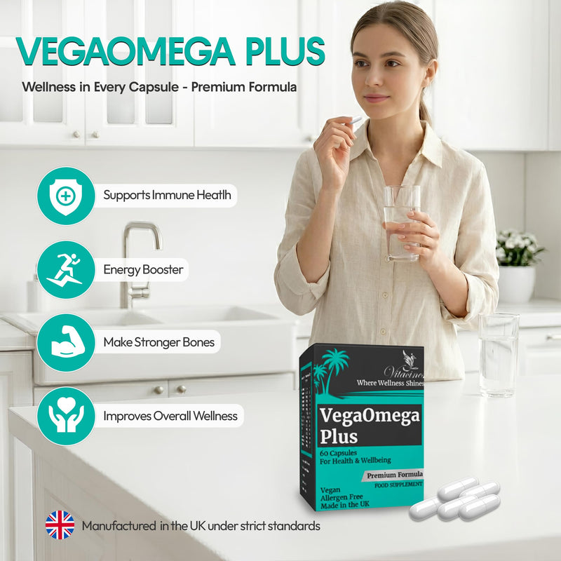 VegaOmega Plus | Vegan Omega 3 + 14 Essential Vitamins & Minerals | Plant-Based Algae DHA & EPA | 60 Capsules | No Fish Oil | Heart, Brain & Joint Support | Family Supplement Age 4+ | Made in UK