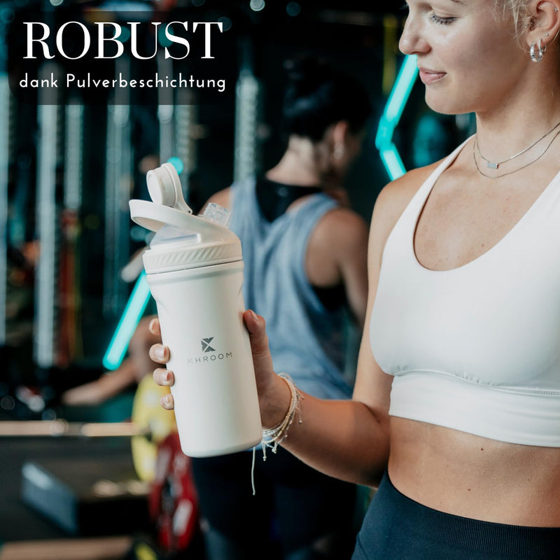 [Australia] - Khroom stainless steel egg white protein shaker 700ml with thermal function Smart strainer for smoothies | Stainless Steel Cup Metal Shaker (White) White 