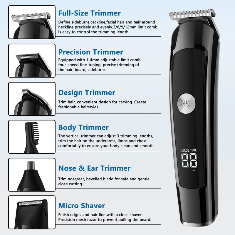 [Australia] - AMULISS Men's Beard Trimmer Kit, 6-in-1 Multi-Functional Trimmer with Nose Trimmer, Body Groomer, USB Cordless, Waterproof 