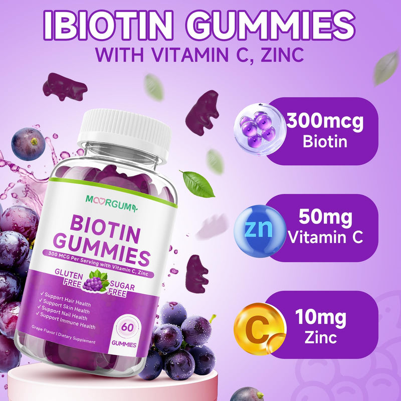 Sugar Free Biotin Hair, Skin & Nails Gummies, Supports Healthy Hair, Skin and Stronger Nails, with Vitamin C, Zinc Chewable Vitamin B7 Supplements for Women & Men, Vegan, Non-GMO, Grape, 60 Count 60 Count (Pack of 1)
