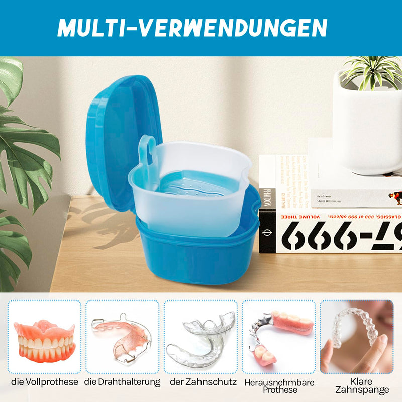 [Australia] - YunSchauen Denture Box Denture Box Retainer Container Storage Box with Hanging Strainer for False Teeth Storage Cleaning Dark Blue Blue 