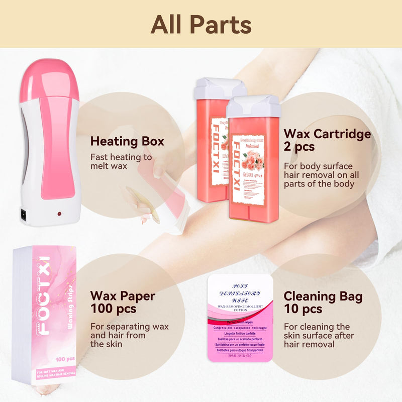 [Australia] - Hair Removal Kit for Hair Removal for Women and Men with Strip, Roll On Wax Kit with 2 Rose Soft Wax Cartridge & 100 Non-Woven Wax Strips, at Home Waxing Kit for Women, Soft, Pink 