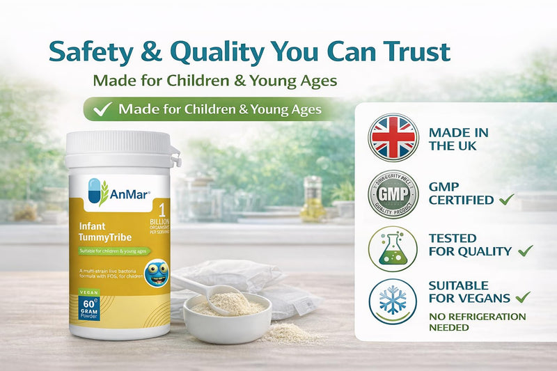 AnMar® Infant TummyTribe Probiotic Powder – Multi-Strain Live Bacteria with FOS – 1 Billion Organisms per Serving – Vegan Children's Probiotic – 60g Powder