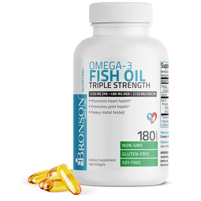 [Australia] - Bronson Omega 3 Fish Oil Triple Strength 2720 mg, High EPA 1250 mg DHA 488 mg, Non-GMO Heavy Metal Tested, 180 Softgels 180 Count (Pack of 1) 