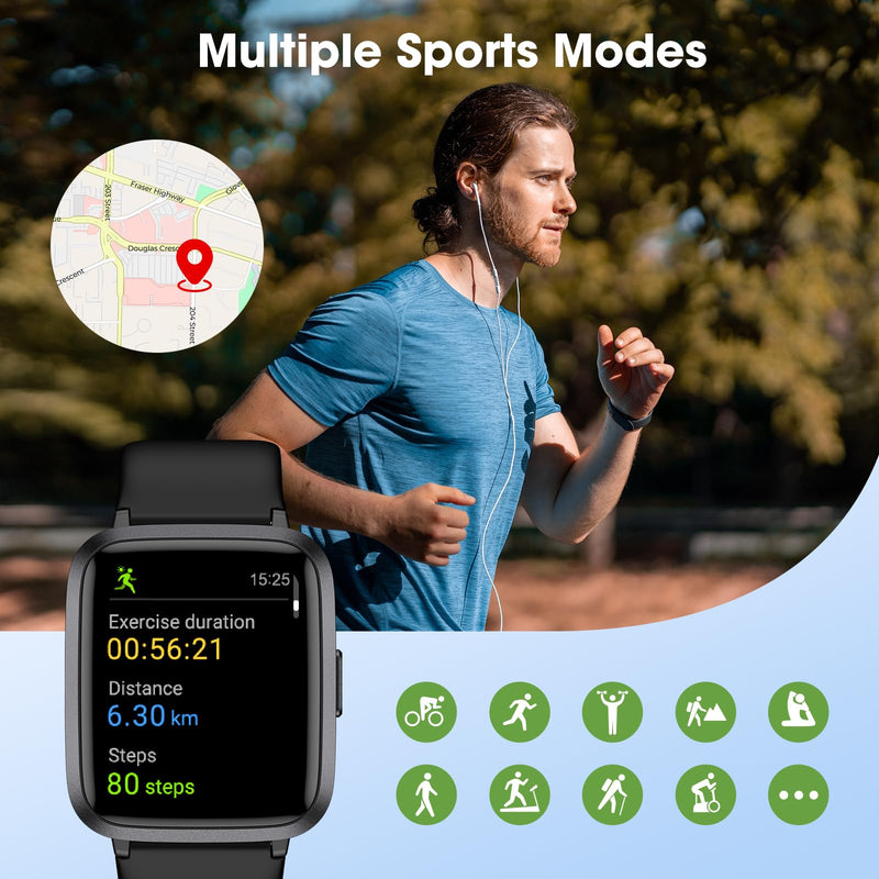 [Australia] - Fitness Tracker Watch, Step Tracker with Heart Rate, Blood Oxygen Sleep Monitor, 5ATM Waterproof Pedometer, Step Calorie Counter, Health Fitness Watch for Sports, Activity Tracker for Women Men Black 