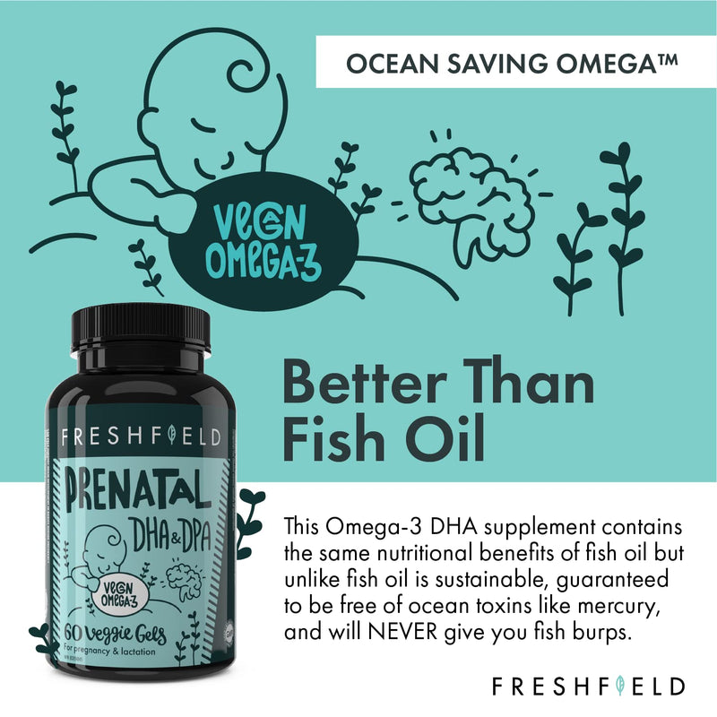 [Australia] - Freshfield Prenatal Omega 3 DHA Supplement: Fish Oil Replacement, Algae Oil, Vegan Friendly Supports Lactation & Brain Development. Mercury Free, Carbon Neutral, Plastic Negative (Prenatal 60) 