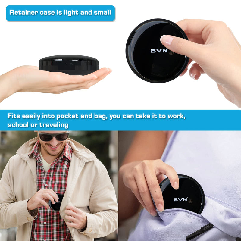 BVN Retainer Case with Mirror Denture Case Orthodontic Dental Case, Braces Case, Mouth Guard Case, Teeth Aligner Case, Night Guard Case Container Storage Holder Black. Circular case with mirror Black Shell+blue Silicone Pad