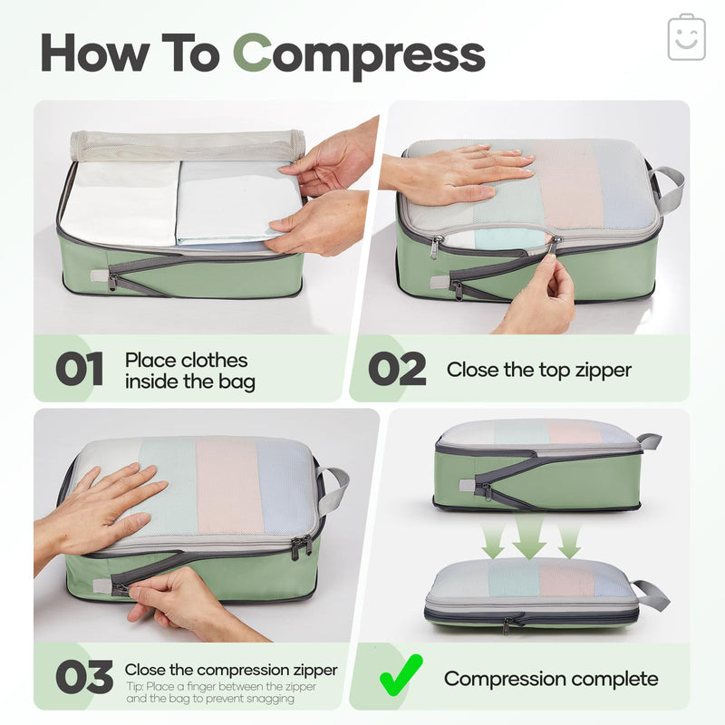 Veken 11 Set Compression Packing Cubes Garment Bags for Travel Essentials,Compressible Expandable Luggage Organizer Bags for Clothing,Space Saver Bags with Over 1000 pcs of Mesh Holes(Matcha Green) Matcha Green